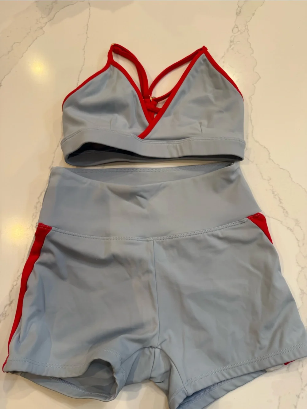 Girls Light Blue Sports Bra & Shorts dance  Set with Red Trim